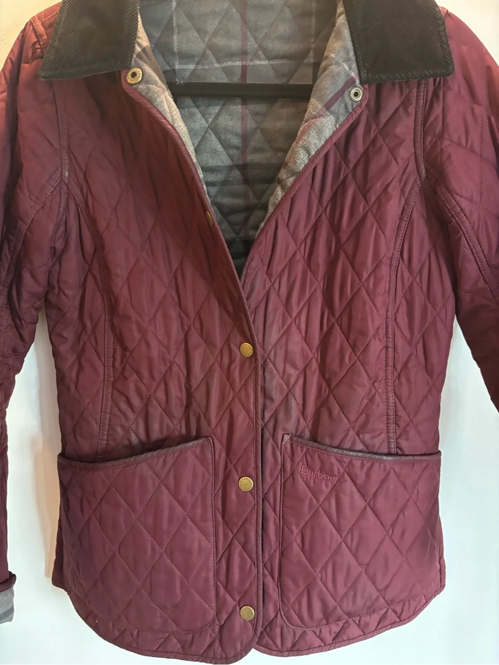 Barbour Quilted Maroon Puffer Jacket with Contrast Collar